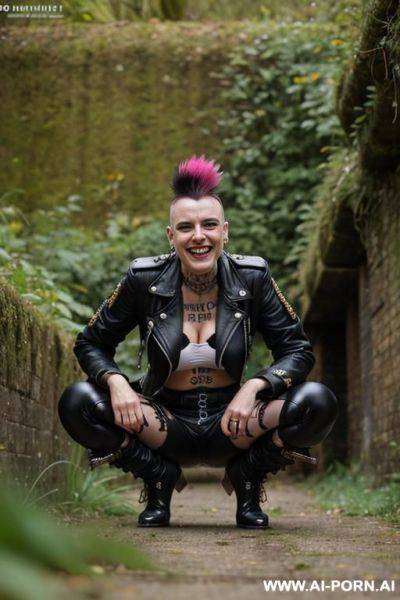 British punkwoman squatting in undergrowth, jacket, mohawk, pants, hairy pussy, crotch dripping pee onto ground - ai-porn.ai - Britain on pornsimulated.com