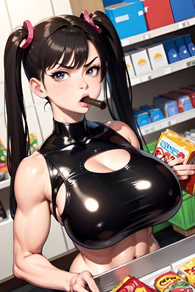 Anime Muscular Huge Boobs 80s Age Angry Face Brunette Pigtails Hair Style Light Skin Black And White Grocery Close Up View Eating Latex 3668176950562313259 - AI Hentai - aihentai.co on pornsimulated.com