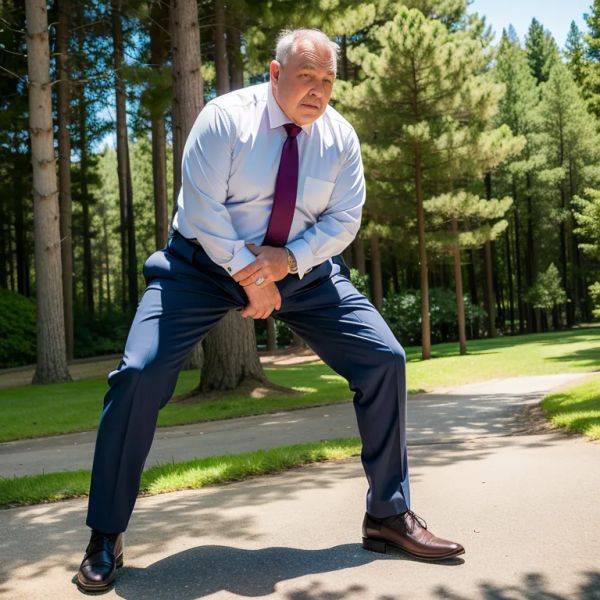 Manly man,elder,Looking at viewer,fat,stocking,(silk),suit,blue shirt,bending over,daytime,sun,forest,front view,full body,(adult:1.5) - pornmake.ai on pornsimulated.com