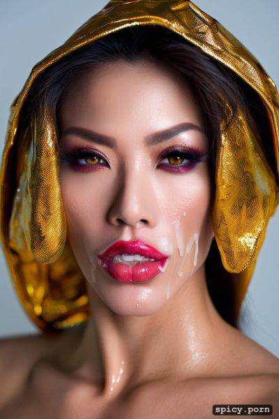 Strong jaws features in a high resolution 4k image many colors an 50 year old korean woman staring straight into camera in a baggy gold color hood face portrait with wrinkled skin extreme sunken cheeks - spicy.porn - North Korea on pornsimulated.com