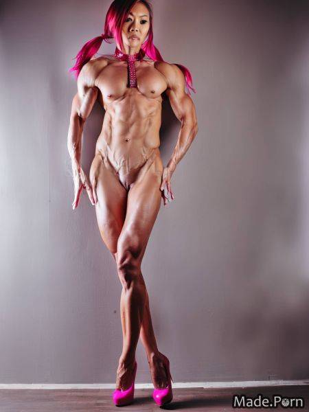 Glitter pigtails medium shot oiled body photo bodybuilder collar AI porn - made.porn on pornsimulated.com