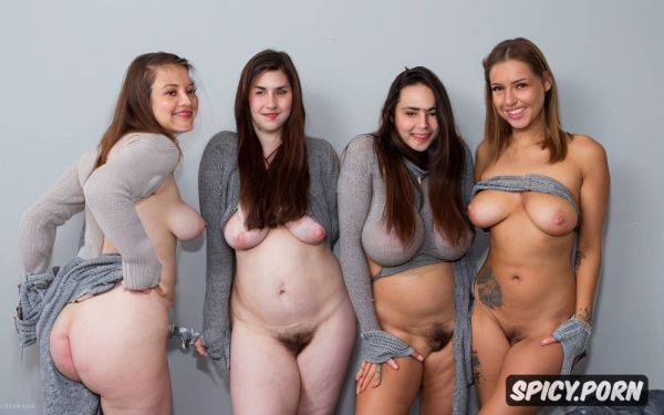 Three pretty teens in a row in front of grey wall frontal view - spicy.porn on pornsimulated.com