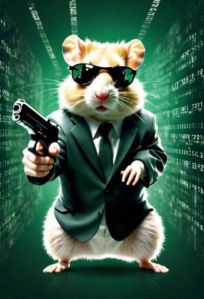 Double Exposure of a hamster, sunglasses, holding a handgun as agent smith from The Matrix, Falling Matrix style Code and numbers - civitai.com on pornsimulated.com