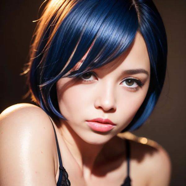 Woman,twenties,(RAW photo, best quality, masterpiece:1.1), (realistic, photo-realistic:1.2), ultra-detailed, ultra high res, physically-based rendering,short hair,bobcut,blue hair,(adult:1.5) - pornmake.ai on pornsimulated.com