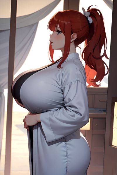 Anime Chubby Huge Boobs 20s Age Seductive Face Ginger Ponytail Hair Style Light Skin Black And White Tent Side View Working Out Bathrobe 3673302565448472173 - AI Hentai - aihentai.co on pornsimulated.com