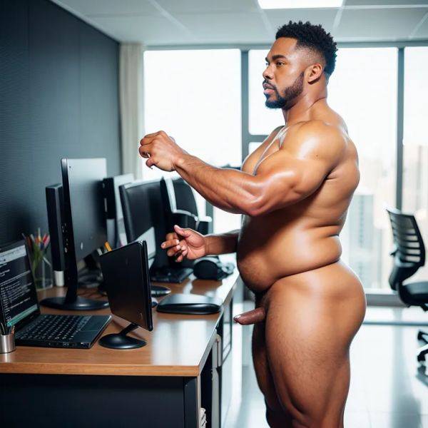 Black people, ,manly man,thirties,(RAW photo, best quality, masterpiece:1.1), (realistic, photo-realistic:1.2), ultra-detailed, ultra high res, physically-based rendering,fat,nude,standing,night,office,from side,full body,(adult:1.5) - pornmake.ai on pornsimulated.com