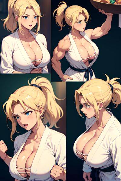 Anime Muscular Huge Boobs 40s Age Angry Face Blonde Ponytail Hair Style Light Skin Vintage Desert Side View Working Out Bathrobe 3674307587768874810 - AI Hentai - aihentai.co on pornsimulated.com