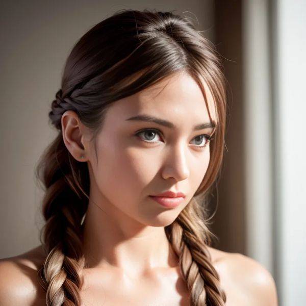 Woman,twenties,(RAW photo, best quality, masterpiece:1.1), (realistic, photo-realistic:1.2), ultra-detailed, ultra high res, physically-based rendering,long hair,braided,grey hair,hair behind ear,(adult:1.5) - pornmake.ai on pornsimulated.com