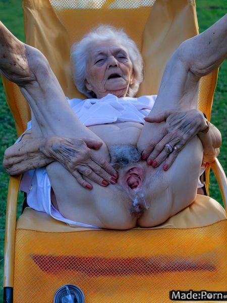 Caucasian spreading legs woman sad looking at viewer hairy white hair AI porn - made.porn on pornsimulated.com