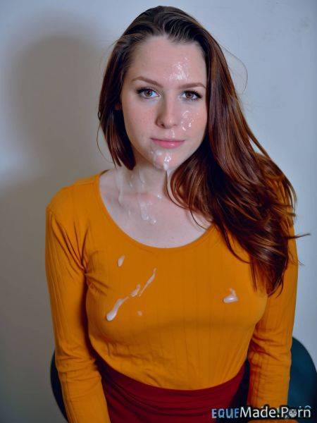 Looking at viewer perfect boobs photo brunette busty bukkake woman AI porn - made.porn on pornsimulated.com