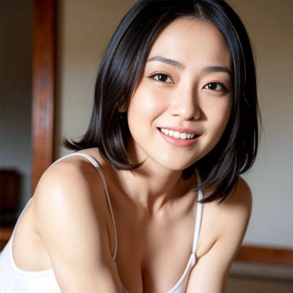 , japanese,woman,thirties,(RAW photo, best quality, masterpiece:1.1), (realistic, photo-realistic:1.2), ultra-detailed, ultra high res, physically-based rendering,short hair,frizzy hair,black hair,large forehead,black eyes,(smile),perfect body,(adult:1.5) - pornmake.ai - Japan on pornsimulated.com