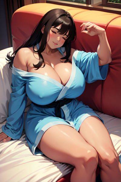 Anime Muscular Huge Boobs 80s Age Happy Face Brunette Bangs Hair Style Dark Skin Illustration Couch Front View Sleeping Bathrobe 3676425865185804372 - AI Hentai - aihentai.co on pornsimulated.com