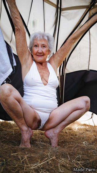 Full shot tent nude 90 looking at viewer white hair barefoot AI porn - made.porn on pornsimulated.com