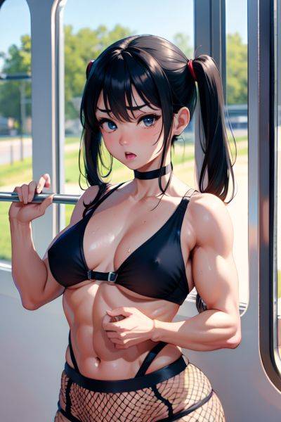 Anime Muscular Small Tits 60s Age Shocked Face Black Hair Pigtails Hair Style Light Skin Painting Train Close Up View Plank Fishnet 3678285156536635006 - AI Hentai - aihentai.co on pornsimulated.com