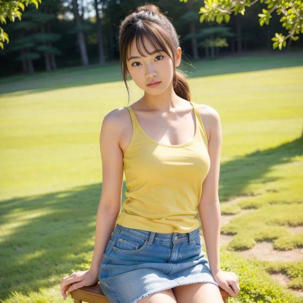, japanese,woman,twenties,(RAW photo, best quality, masterpiece:1.1), (realistic, photo-realistic:1.2), ultra-detailed, ultra high res, physically-based rendering,beautiful,perfect body,sleeveless,casual clothing,yellow - pornmake.ai - Japan on pornsimulated.com
