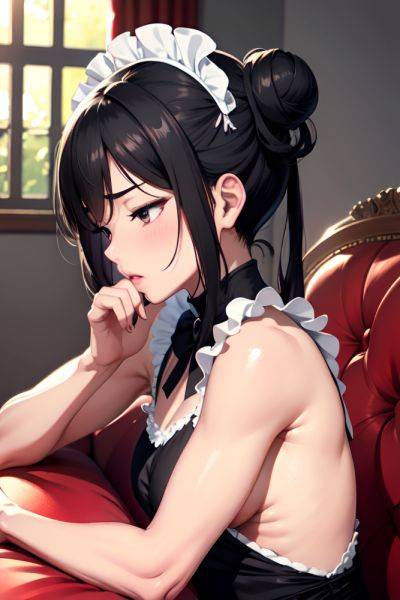 Anime Muscular Small Tits 40s Age Pouting Lips Face Black Hair Hair Bun Hair Style Dark Skin Charcoal Couch Side View Sleeping Maid 3681559209005568130 - AI Hentai - aihentai.co on pornsimulated.com
