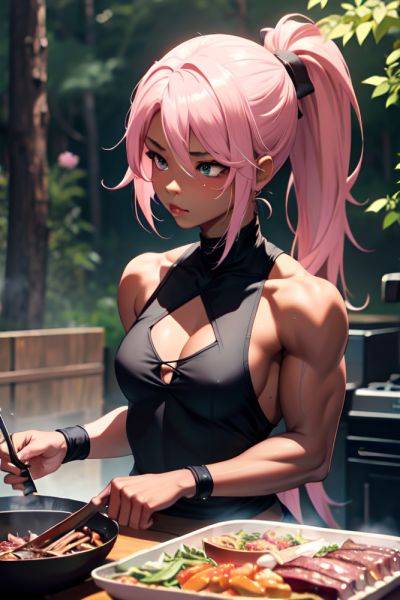 Anime Muscular Small Tits 20s Age Pouting Lips Face Pink Hair Ponytail Hair Style Dark Skin Charcoal Forest Front View Cooking Goth 3683584717113682714 - AI Hentai - aihentai.co on pornsimulated.com