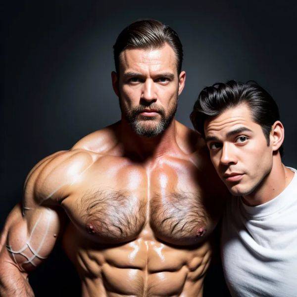 ,white people,(2men:2), manly man,elder,(RAW photo, best quality, masterpiece:1.1), (realistic, photo-realistic:1.2), ultra-detailed, ultra high res, physically-based rendering,muscular,tattoo,abs,collar,(adult:1.5) - pornmake.ai on pornsimulated.com