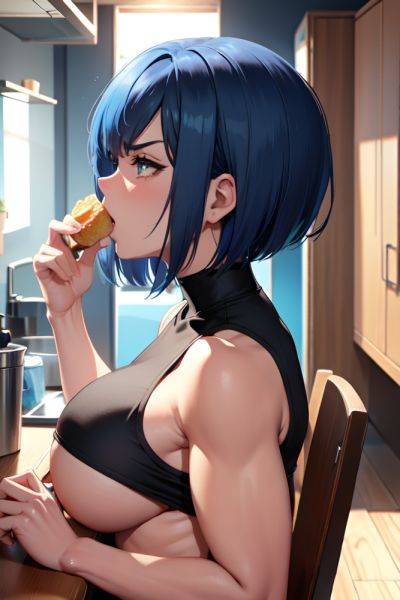 Anime Muscular Huge Boobs 20s Age Angry Face Blue Hair Bobcut Hair Style Light Skin Soft Anime Kitchen Side View Eating Goth 3684891245634839801 - AI Hentai - aihentai.co on pornsimulated.com