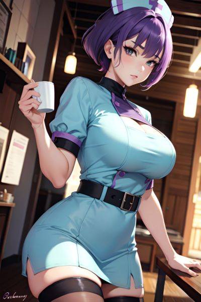 Anime Busty Huge Boobs 60s Age Serious Face Purple Hair Pixie Hair Style Light Skin Charcoal Cafe Front View Jumping Nurse 3684956958635102859 - AI Hentai - aihentai.co on pornsimulated.com