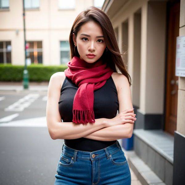 ,woman,twenties,(RAW photo, best quality, masterpiece:1.1), (realistic, photo-realistic:1.2), ultra-detailed, ultra high res, physically-based rendering,large forehead,angry,side eye,normal breasts,medium ass,perfect body,scarf,full body,(adult:1.5) - pornmake.ai on pornsimulated.com