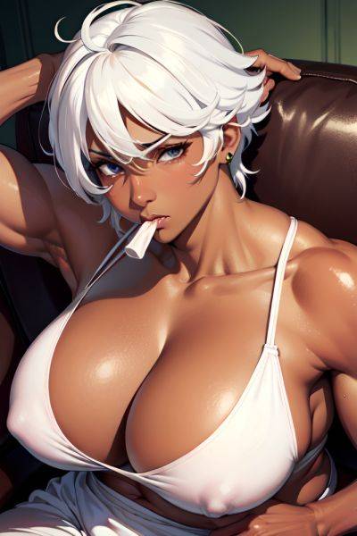 Anime Muscular Huge Boobs 80s Age Sad Face White Hair Pixie Hair Style Dark Skin Skin Detail (beta) Couch Close Up View Eating Pajamas 3685096115577080110 - AI Hentai - aihentai.co on pornsimulated.com