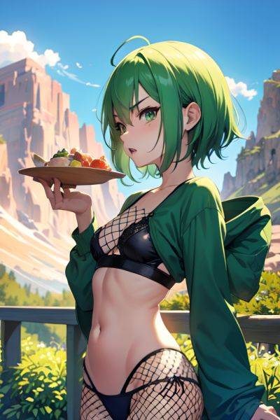 Anime Skinny Small Tits 40s Age Angry Face Green Hair Pixie Hair Style Light Skin Watercolor Mountains Front View Eating Fishnet 3685204349968777158 - AI Hentai - aihentai.co on pornsimulated.com
