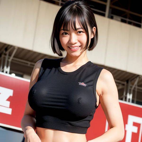 , japanese,woman,twenties,(RAW photo, best quality, masterpiece:1.1), (realistic, photo-realistic:1.2), ultra-detailed, ultra high res, physically-based rendering,short hair,black hair,bangs,beautiful,(smile),huge - pornmake.ai - Japan on pornsimulated.com
