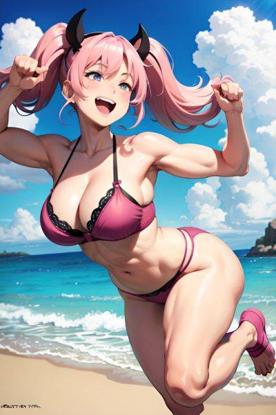 Anime Muscular Huge Boobs 40s Age Laughing Face Pink Hair Pigtails Hair Style Light Skin Dark Fantasy Beach Front View Jumping Bra 3685556106615396433 - AI Hentai - aihentai.co on pornsimulated.com