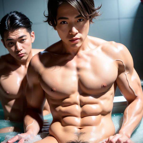 , japanese,(2men:2), manly man,twenties,(RAW photo, best quality, masterpiece:1.1), (realistic, photo-realistic:1.2), ultra-detailed, ultra high res, physically-based rendering,short hair,frizzy hair,black hair,brown - pornmake.ai - Japan on pornsimulated.com