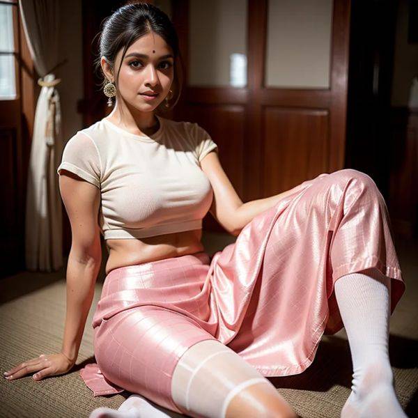 , Indian, brown skin, facial mark,woman,twenties,(RAW photo, best quality, masterpiece:1.1), (realistic, photo-realistic:1.2), ultra-detailed, ultra high res, physically-based rendering,hair bun,thigh socks,salwar,Pink long skirt,office,(adult:1.5) - pornmake.ai - India on pornsimulated.com