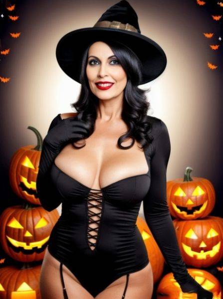 Busty AI generated babe Sasha Lansday teases with her juicy tits on Halloween - pornpics.com on pornsimulated.com