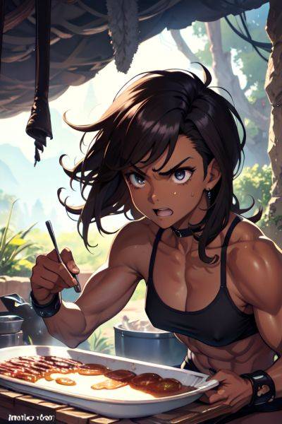 Anime Muscular Small Tits 80s Age Angry Face Brunette Messy Hair Style Dark Skin Watercolor Cave Side View Cooking Goth 3686924483125118220 - AI Hentai - aihentai.co on pornsimulated.com