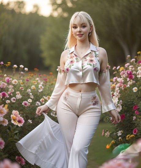Blonde AI generated babe Ginevra poses dressed up & naked outside - pornpics.com on pornsimulated.com