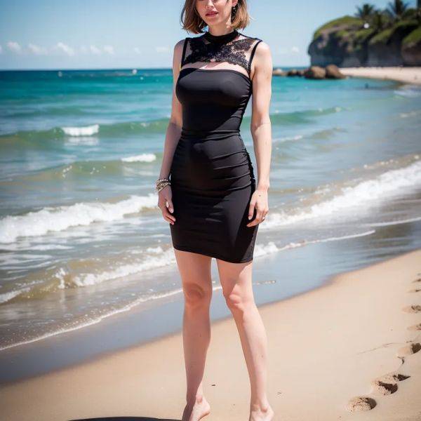 ,white people,woman,thirties,(RAW photo, best quality, masterpiece:1.1), (realistic, photo-realistic:1.2), ultra-detailed, ultra high res, physically-based rendering,cool,Black dress,daytime,beach,front view,(adult:1.5) - pornmake.ai on pornsimulated.com