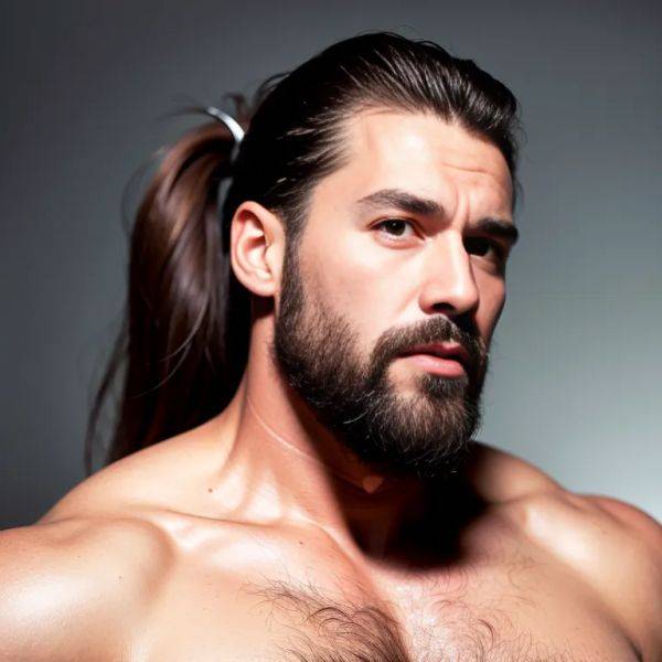 Manly man,thirties,(RAW photo, best quality, masterpiece:1.1), (realistic, photo-realistic:1.2), ultra-detailed, ultra high res, physically-based rendering,long hair,pony tail,(adult:1.5) - pornmake.ai on pornsimulated.com
