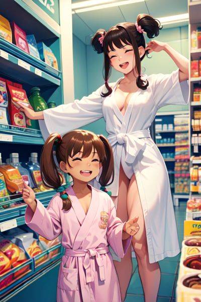 Anime Muscular Small Tits 70s Age Laughing Face Brunette Pigtails Hair Style Light Skin Illustration Grocery Front View T Pose Bathrobe 3687801945110356750 - AI Hentai - aihentai.co on pornsimulated.com