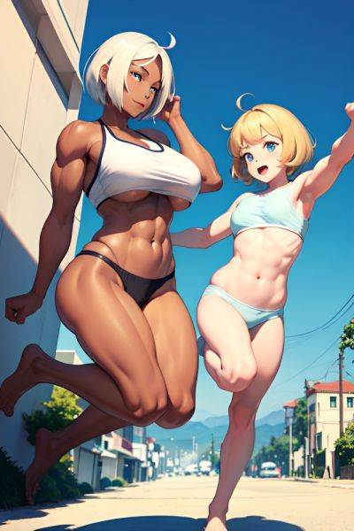 Anime Muscular Huge Boobs 20s Age Happy Face Blonde Bobcut Hair Style Dark Skin Painting Street Back View Jumping Pajamas 3690337695439343455 - AI Hentai - aihentai.co on pornsimulated.com