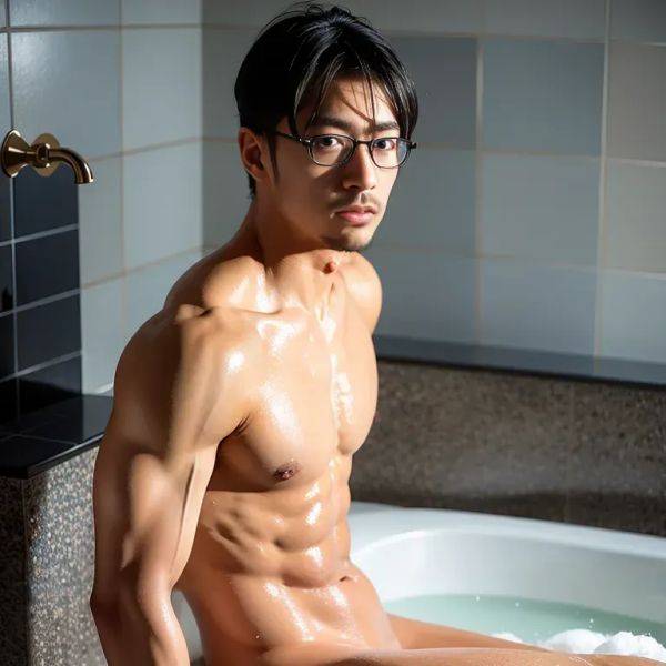 , japanese,manly man,twenties,(RAW photo, best quality, masterpiece:1.1), (realistic, photo-realistic:1.2), ultra-detailed, ultra high res, physically-based rendering,short hair,straight hair,black hair,bangs,brown - pornmake.ai - Japan on pornsimulated.com