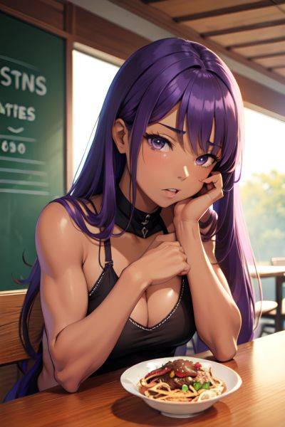 Anime Muscular Small Tits 70s Age Shocked Face Purple Hair Straight Hair Style Dark Skin Soft Anime Cafe Close Up View Eating Teacher 3692425049375868700 - AI Hentai - aihentai.co on pornsimulated.com