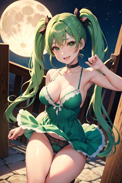 Anime Busty Small Tits 50s Age Happy Face Green Hair Pigtails Hair Style Dark Skin Soft + Warm Moon Close Up View Jumping Lingerie 3689305614167843060 - AI Hentai - aihentai.co on pornsimulated.com