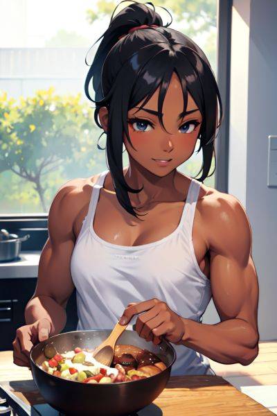 Anime Muscular Small Tits 20s Age Happy Face Black Hair Ponytail Hair Style Dark Skin Illustration Oasis Close Up View Cooking Pajamas 3697307137611129659 - AI Hentai - aihentai.co on pornsimulated.com