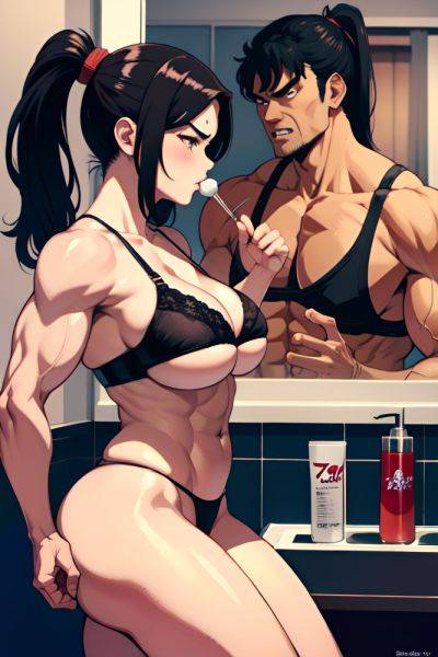 Anime Muscular Huge Boobs 70s Age Angry Face Black Hair Ponytail Hair Style Light Skin Illustration Bathroom Side View Eating Bra 3697840573637449061 - AI Hentai - aihentai.co on pornsimulated.com