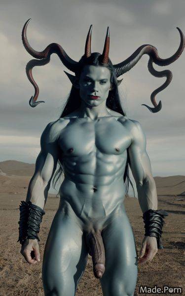 Demon horns full shot fantasy armor standing veiny dick spreading legs straight hair AI porn - made.porn on pornsimulated.com