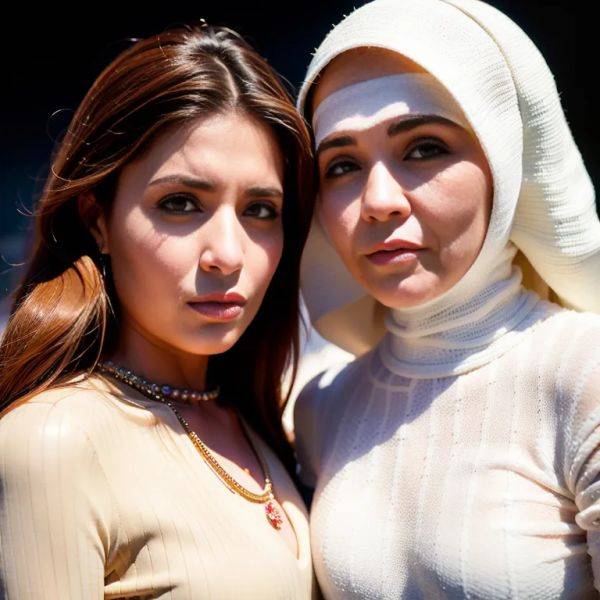 , Arabs,(2women:2),aging,(RAW photo, best quality, masterpiece:1.1), (realistic, photo-realistic:1.2), ultra-detailed, ultra high res, physically-based rendering,long hair,straight hair,blonde hair,brown eyes,beautiful,angry,(adult:1.5) - pornmake.ai on pornsimulated.com