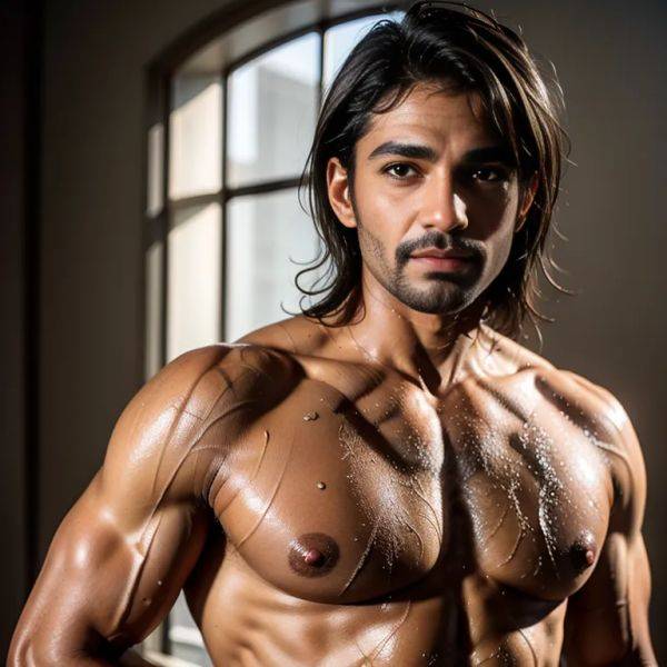 , Indian, brown skin, facial mark,(2men:2), manly man,twenties,(RAW photo, best quality, masterpiece:1.1), (realistic, photo-realistic:1.2), ultra-detailed, ultra high res, physically-based rendering,short hair,(wet - pornmake.ai - India on pornsimulated.com