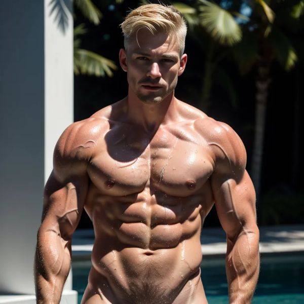 ,white people,manly man,twenties,(RAW photo, best quality, masterpiece:1.1), (realistic, photo-realistic:1.2), ultra-detailed, ultra high res, physically-based rendering,short hair,blonde hair,cool,muscular,(wet:1.1),abs,nude,(adult:1.5) - pornmake.ai on pornsimulated.com