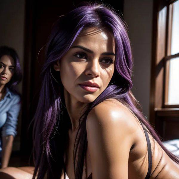 , latino,(2women:2),aging,(RAW photo, best quality, masterpiece:1.1), (realistic, photo-realistic:1.2), ultra-detailed, ultra high res, physically-based rendering,long hair,double tail,purple hair,perfect body,(adult:1.5) - pornmake.ai on pornsimulated.com