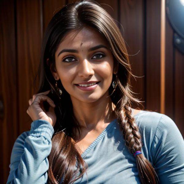 , Indian, brown skin, facial mark,woman,twenties,(RAW photo, best quality, masterpiece:1.1), (realistic, photo-realistic:1.2), ultra-detailed, ultra high res, physically-based rendering,long hair,pony tail,hair - pornmake.ai - India on pornsimulated.com