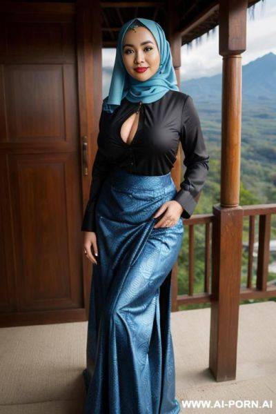 ((olive skin indonesian, sunda ethnicity)) ((traditional long sleeves black shirt, long skirt with blue batik pattern, sunda outfit)) ((huge massive perky boobs)) ((looking at viewer)) ((mountain - ai-porn.ai - Indonesia on pornsimulated.com